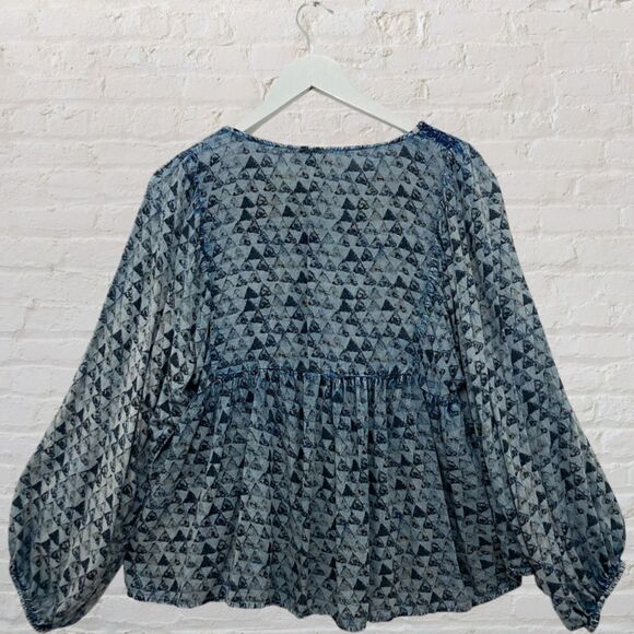 Sigrid Olsen Peasant Top M Blue Embroidered Tassel Tie Neck Balloon Sleeve - Picture 3 of 14